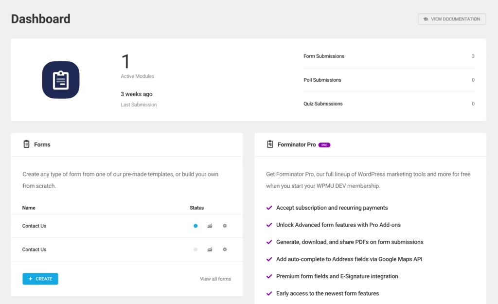 Forminator dashboard